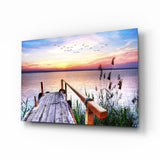 Pastel Sunset Reeds Rustic Dock Glass Wall Art - 72x46 cm