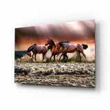 Chestnut Horses Galloping in Surf Glass Wall Art - 72x46 cm