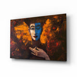 Demi-Visage Bleu Peinture Ambre tableau en verre - 72x46 cm