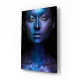 Visage Pailleté Bleu Cosmique tableau en verre - 72x46 cm
