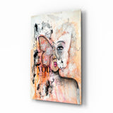 Pfirsichfarbene Schmetterlings-Collage Frau Glasbild - 72x46 cm