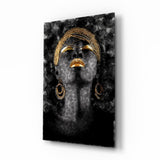 Gold Headdress Woman Portrait Black Glass Wall Art - 72x46 cm