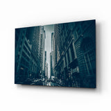 Dark Blue Skyscraper Canyon Street Glass Wall Art - 72x46 cm