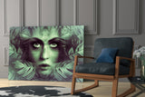 Tropical Leaf and Woman Portrait Glass Wall Art.