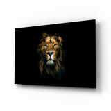 Tête de Lion Dorée Fond Sombre tableau en verre - 72x46 cm
