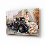 Ivory Gown Lady Black Classic Car Glass Wall Art - 72x46 cm
