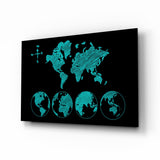 Mappa del Mondo e Globi Schizzo Turchese quadro in vetro - 72x46 cm