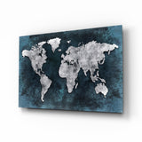 Silber-Petrol Grunge-Weltkarte Glasbild - 72x46 cm