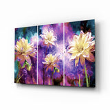 Dahlias Dorés et Cosmos Violets tableau en verre - 72x46 cm