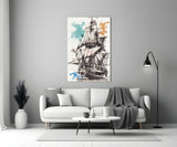 Ship Illustration Glass Wall Art.