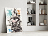 Ship Illustration Glass Wall Art.