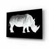 White Line Rhino on Black Glass Wall Art - 72x46 cm