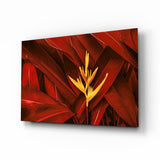 Fogliame Rosso Scuro e Fiore Dorato quadro in vetro - 72x46 cm