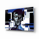 Frau mit Blauen und Silbernen Geometrischen Blöcken Glasbild - 72x46 cm