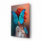 Masque Papillon Bleu et Pivoine Orange tableau en verre - 72x46 cm