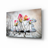 Lettres d'Amour Chromées avec Bouton de Rose tableau en verre - 72x46 cm