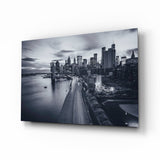 Silhouette Urbaine Monochrome Pont au Crépuscule tableau en verre - 72x46 cm