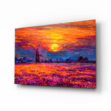 Moulin à Vent Champ Violet au Coucher du Soleil tableau en verre - 72x46 cm