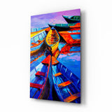 Barcas Pintadas en Azul y Rojo Vivo cuadro de cristal - 72x46 cm