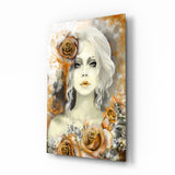Glasbild Gelbe Rose und Frau - 72x46 cm