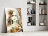 Yellow Rose and Woman Glass Wall Art.