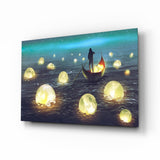 Nordlicht-Nacht Erntemond Ruderboot Glasbild - 72x46 cm