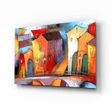 Colorful Village Houses Stone Bridge Glass Wall Art - 72x46 cm