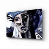 Collage en Denim Visage Divisé tableau en verre - 72x46 cm