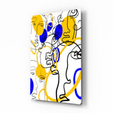 Gelb-Blaue Gesichter im Ein-Linien-Stil Glasbild - 72x46 cm