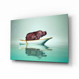 Hippo im Gelben Boot auf Mintgrünem Wasser Glasbild - 72x46 cm