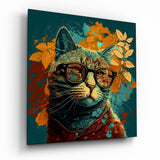 Teal Backdrop Cat in Glasses Glass Wall Art - 40x40 cm