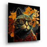 Katze mit Brille vor schwarzem Hintergrund Glasbild - 40x40 cm