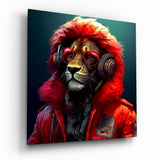 Red Fur Hood Lion Headphones Glass Wall Art - 40x40 cm
