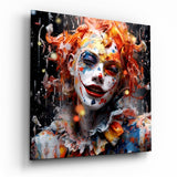 Visage de cirque aux cheveux orange et éclaboussures tableau en verre - 40x40 cm