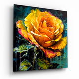 Gemälde einer tropfenden goldenen Rose Glasbild - 40x40 cm