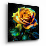 Neon Glow Golden Rose Glass Wall Art - 40x40 cm