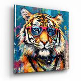 Tigre graffiti aux lunettes roses tableau en verre - 40x40 cm