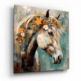 Orange Blossom Crowned Horse Glass Wall Art - 40x40 cm