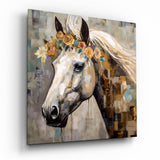 Cavallo bianco con rose dorate quadro in vetro - 40x40 cm
