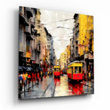 Tram giallo sul viale piovoso quadro in vetro - 40x40 cm