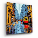 Calle del tranvía en crepúsculo azul cuadro de cristal - 40x40 cm