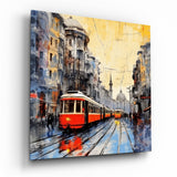 Rote Straßenbahn unter bernsteinfarbenem Himmel Glasbild - 40x40 cm