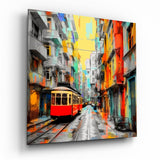 Tramway rouge dans une rue peinte colorée tableau en verre - 40x40 cm