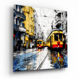 Due tram su binari bagnati quadro in vetro - 40x40 cm