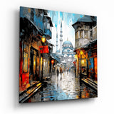Rainy Mosque Street Lanterns Glass Wall Art - 40x40 cm