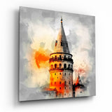 Galataturm mit orangem Farbspritzer Glasbild - 40x40 cm