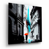 Turquoise Tower Red Umbrella Alley Glass Wall Art - 40x40 cm