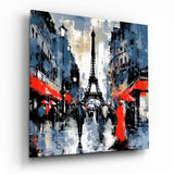 Red Coated Figure on Blue Street Glass Wall Art - 40x40 cm