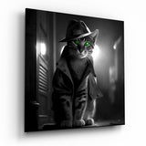 Gato detective de ojos verdes con gabardina cuadro de cristal - 40x40 cm