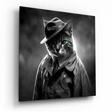 Detective Cat in Rain With Necktie Glass Wall Art - 40x40 cm